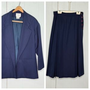 Vintage 80s Leon Block 100% Wool Navy Pinstripe Blazer and Skirt SET Grannycore